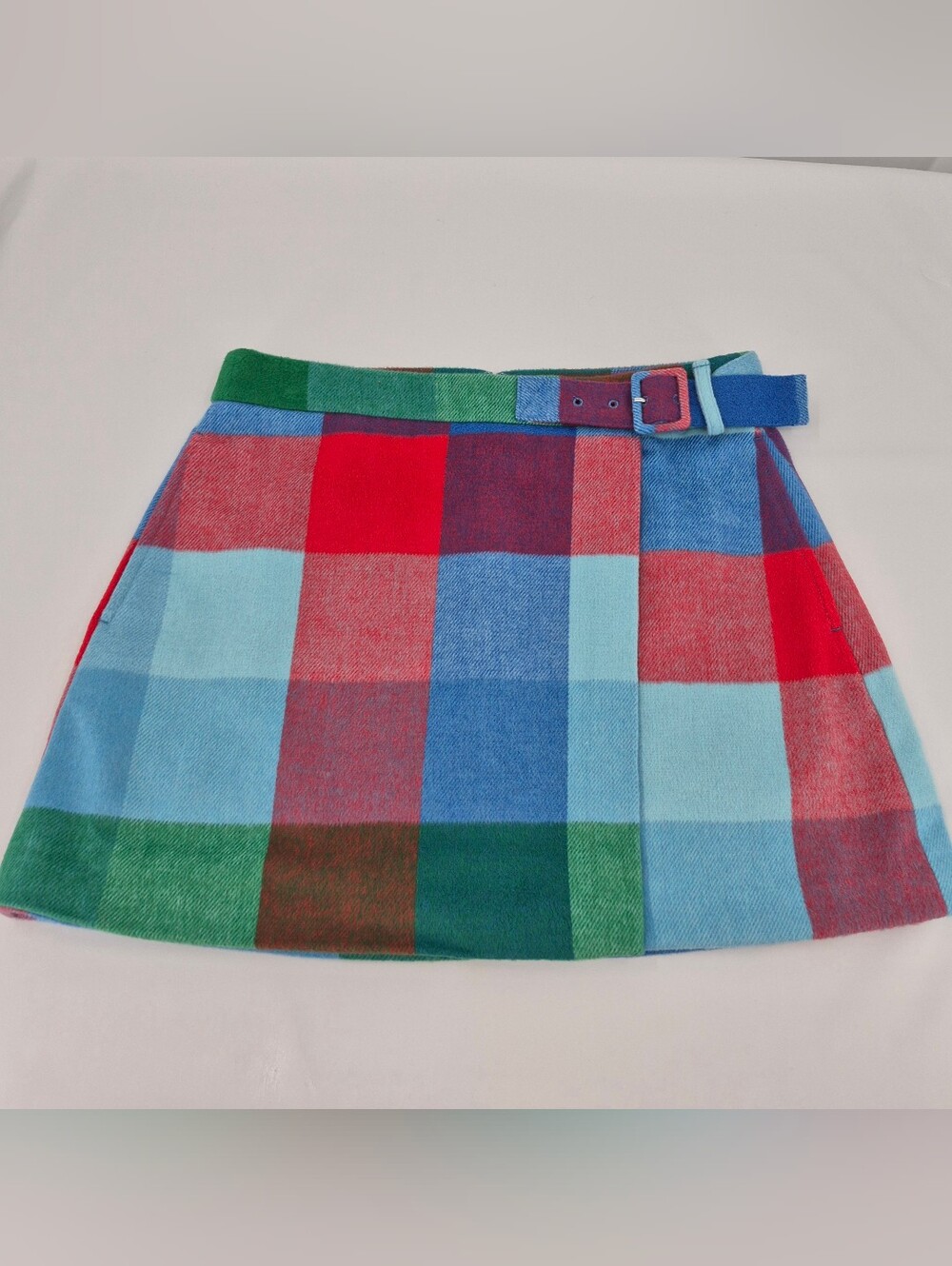 Plaid Belted Mini Skirt in Red, Blue & Green